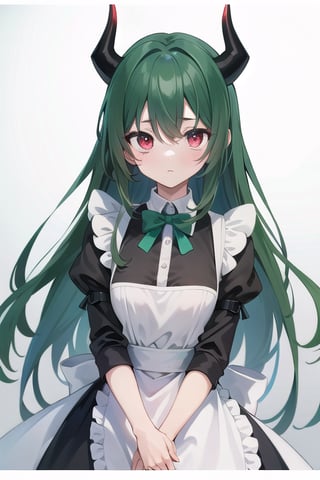 Anime, (masterpiece), best quality, high resolution, highly detailed, detailed background, perfect lighting, maid_costume, cute, red_eyes, green_hair, long_hair , red_horns, 1girl, kawaii, perfect anime quality, photo