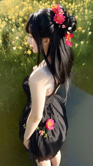 1girl, solo, black hair, hair ornament, dress, standing, full body, flower, hair flower, from side, lotus