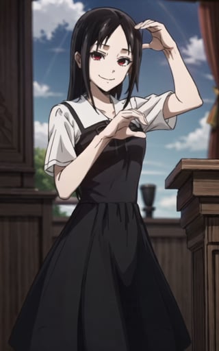 high_resolution, masterpiece, 1girl, black hair, female_solo, hair lock, small breast, solo, smile, closed smile ,rubbor, red eyes, girly_hair, cute, black dress, uniform, dress,, face, Heart hands pose, pose,ff14bg,shinomiya kaguya, epic background,shinomiyakaguya, <3, sky, clouds ,black hair, long hair