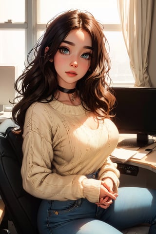 Masterpiece, eyes look away from viewer, 16k, intricate details, highest resolution, wide shot, perfect lighting, unreal engine, soft lights, detailed scene, happy, most beautiful girl, very long dark hair and wavy low top, nice breasts, wide hips, thick tighs, wide shot, gamer bedroom, sitting by the computer, desktop,cropped sweater, choker, high-waist jeans, hands in pocket, pocketed hands, SAM YANG, Detailedface, Detailedeyes, perfecteyes,Detailedface