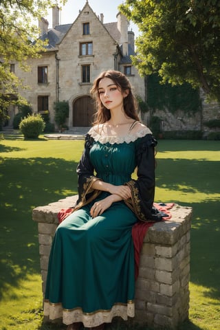 masterpiece, a 12th century french country girl sits by the castle walls, sewing her estate's heraldry flag, long dark flowing in the wind, she wears a 11th century nobility dress and she has vibrant green eyes and perfect features, perfect pale skin, most beautiful, like a bouguereau painting, beyond the castle is a rustic estate of farmhouses and a green scenery, golden sunlight, perfect lighting