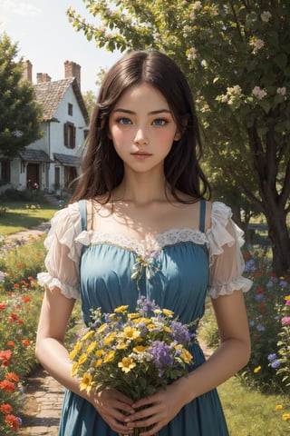 Masterpiece. A 19th century French country girl stands in a pastoral scene. She has dark hair held back by a red kerchief. She wears a 19th century peasant style dress and she has vibrant blue eyes and perfect features. Perfect skin. Very beautiful. Like a Bouguereau painting. She is holding a bouquet of wildflowers in her hands, which she holds in front of her body. Behind the girl is a tree lined lane and beyond the trees is a rustic farmhouse. Golden sunlight suffuses the scene.