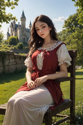 masterpiece, a 12th century french country girl sits by the castle walls, sewing a heraldry flag on her lap, long dark hair tied back with a red kerchief, she wears a 11th century peasant style dress and she has vibrant green eyes and perfect features, perfect pale skin, most beautiful, like a bouguereau painting, beyond the castle is a rustic estate of farmhouses and a green scenery, golden sunlight, perfect lighting