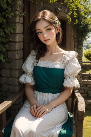 masterpiece, a 12th century french country girl sits by the castle walls, sewing her estate's heraldry flag, long dark flowing in the wind, she wears a 11th century nobility dress and she has vibrant green eyes and perfect features, perfect pale skin, most beautiful, like a bouguereau painting, beyond the castle is a rustic estate of farmhouses and a green scenery, golden sunlight, perfect lighting