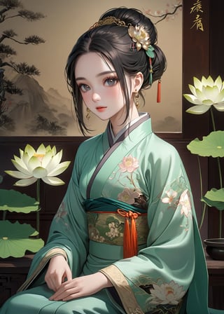 (ancient traditional Chinese lady:1.2),(ultra-fine Pale green HDR),lacquerwork,fusuma picture,extremely delicated and beautiful,8K,faint smile,Matte color,(illustration Style),(beautiful detailed eyes:1.2),Lotus flowers,an indescribable atmosphere,super model,(realistic:1.2),