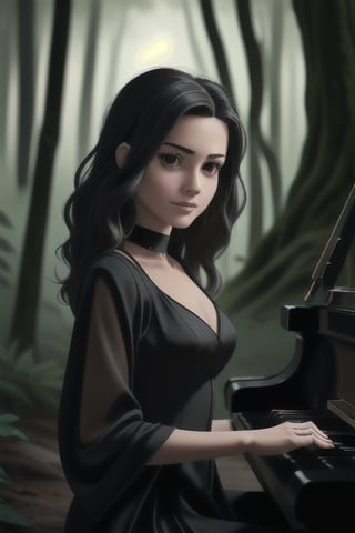 A woman, with wavy black hair, black eyes, wearing very elegant black attire, playing an ancient piano. In the background, mysterious figures can be seen in a dense forest. Cinematic composition, wide shot showing the woman surrounded by the forest.