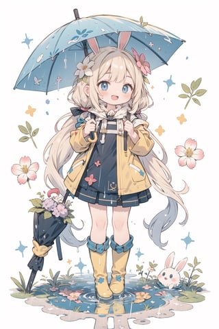 1girl,rainbow,raincoat,yellow raincoat,rubber boots,hydrangea,flower,long hair,twintails,boots,blush,umbrella,open mouth,hair ornament,white background,hood,solo,teruterubouzu,very long hair,hood up,long sleeves,low twintails,bow,bangs,smile,animal hood,blue eyes,rabbit,closed umbrella,puddle,full body,:d,snail,yellow footwear,simple background,pink flower,standing,leaf umbrella,holding umbrella,food-themed hair ornament,hair bow,animal ears,holding,blonde hair,hair flower,rain,animal,