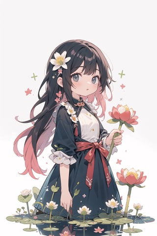 flower,gradient,gradient_background,lily_\(flower\),lotus,1girl,solo,lily_pad,grey_background,pink_flower,long_hair,dress,black_hair,