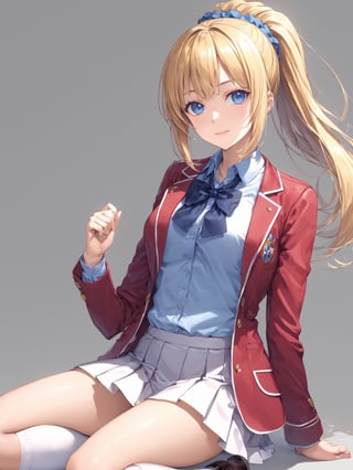 //Quality, masterpiece, best quality, detailmaster2, 8k, 8k UHD, ultra-high resolution, ultra-high definition, highres,
//Character, 1girl, solo, ,
//Fashion,
//Background, white_background,
//Others, ,KaruizawaKei, blue eyes, blonde hair, ponytail, bangs, breasts, hair ornament,
school uniform, red jacket, open jacket, hair scrunchie, bowtie, white skirt, pleated skirt, kneehighs, white socks, shoes,Expressiveh concept art