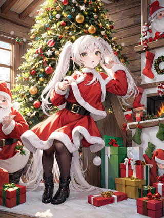 elf girl, white_hair, twintail, santa costume,christmas, (decorate santa house, Decorate the Christmas tree),Frieren