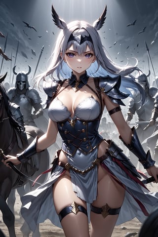 masterpiece, best quality, 8k, 8k UHD, ultra-high resolution, ultra-high definition, highres, cinematic lighting
,//Character, 
1girl, solo
,//Fashion, 
,//Background, 
,//Others, ,Expressiveh, hentai, 
A girl dressed as a valkyrie, riding a spectral horse through a battlefield filled with undead warriors.