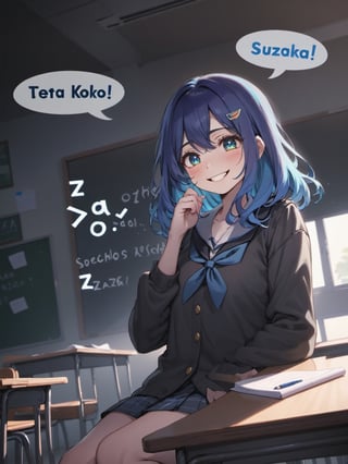 illustration, school uniform, grin, a hand cover mouth, opened clothes, foot, low angle, moody lighting, atmospheric, black background, cowboy shot, sit on desk in class room, 
 (speech bubble “Za-ko” text:1.2 ), looking down with half an eye,blue hair,Text