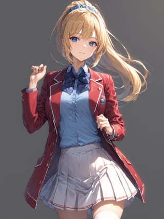 //Quality, masterpiece, best quality, detailmaster2, 8k, 8k UHD, ultra-high resolution, ultra-high definition, highres,
//Character, 1girl, solo, ,
//Fashion,
//Background, white_background,
//Others, ,KaruizawaKei, blue eyes, blonde hair, ponytail, bangs, breasts, hair ornament,
school uniform, red jacket, open jacket, hair scrunchie, bowtie, white skirt, pleated skirt, kneehighs, white socks, shoes,Expressiveh concept art,dark theme