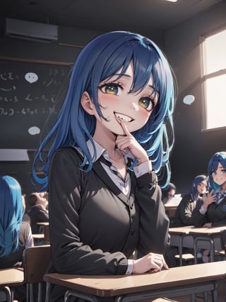 illustration, school uniform, grin, a hand cover mouth, opened clothes, foot, low angle, moody lighting, atmospheric, black background, cowboy shot, sit on desk, in class room, 
blue hair, “ざ～こ” with a cartoon-style speech bubble, looking down with half an eye,blue hair