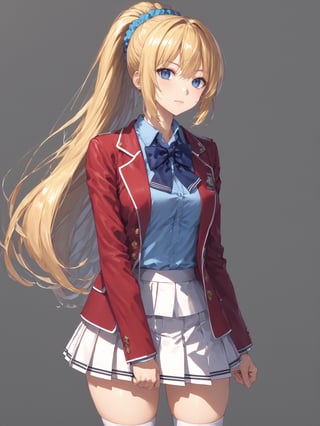 //Quality, masterpiece, best quality, detailmaster2, 8k, 8k UHD, ultra-high resolution, ultra-high definition, highres,
//Character, 1girl, solo, ,
//Fashion,
//Background, white_background,
//Others, ,KaruizawaKei, blue eyes, blonde hair, ponytail, bangs, breasts, hair ornament,
school uniform, red jacket, open jacket, hair scrunchie, bowtie, white skirt, pleated skirt, kneehighs, white socks, shoes,Expressiveh concept art,dark theme