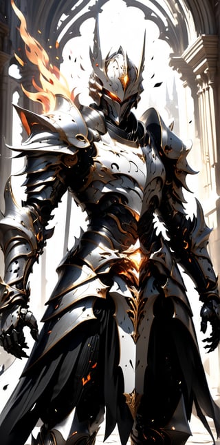 Concept art of an Ulcerate knight standing amidst swirling shadows, gripping the Unrefined Fireblast weapon with a firm, gauntleted hand. The knight's armor is etched with cursed symbols, and his eyes blaze with an otherworldly light. The weapon itself is a fusion of metal and fire, exuding a raw and untamed energy. The background is a nightmarish realm of twisted spires and ominous clouds, enhancing the knight's sinister presence. --s 1000