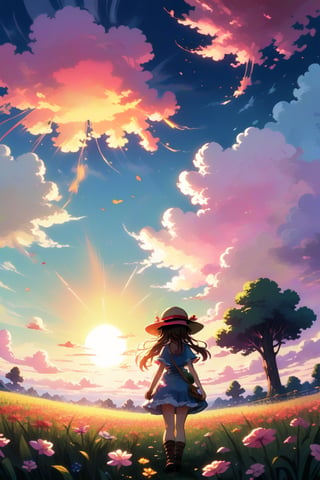 flower, outdoors, sky, cloud, tree, petals, grass, scenery, sunset, sun, field, gradient sky,Pixel art, high brightness and hyper coloured, fairy,  1girl, onepiece, hat