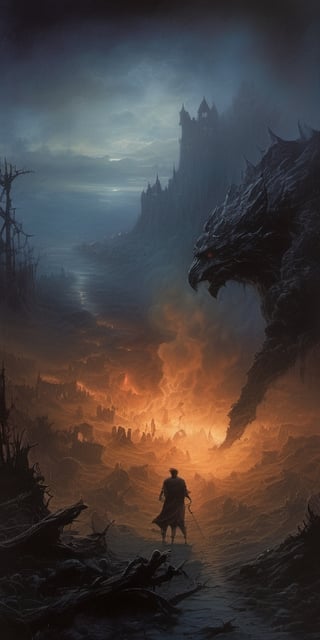 dark fantasy art style,  knight fighting a giant fantasy dragon, burned village in background, highly detailed, morning dawn, (mystical dense fog), oil and watercolor painting, epic scene, (dense smoke by Kim Keever), dark, moody, dark fantasy in style of Frank Frazetta, Bosstyle, , ,sci-fi,Movie Still