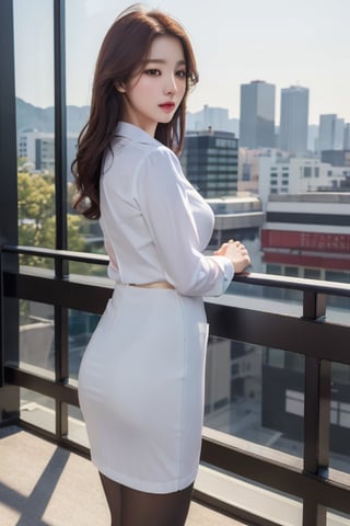 (Best quality, 8k, 32k, masterpiece, UHD:1.2), pretty korea woman photo, 1woman, Highest quality, highest quality, today's work look, daily look, everyday clothes, background is urban background, morning city, clean city, Korea, Korean lady, Korean beauty, Korean office worker