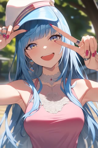 masterpiece, best quality,  1girl, solo, long hair, looking at viewer, smile, open mouth, bangs, shirt, hat, jewelry, very long hair,nail polish, ring,  depth_of_field, 8k, sunnyday, beatiful, ((high resolution)), superdetail, 20yearsold,perfect anatomy,HDR, V sign