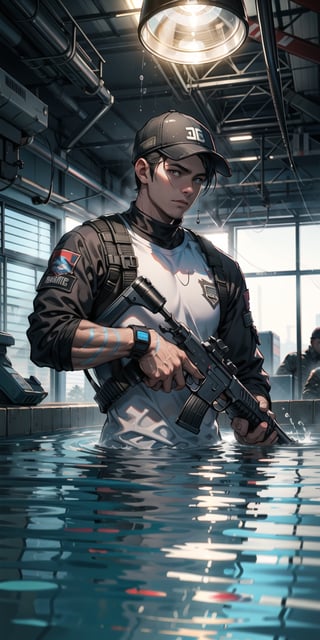 (8k uhd, masterpiece, best quality, high quality, absurdres, ultra-detailed, detailed background), 1boy a player in Pubg world aiming a gun, black hair, short hair, toned male, brown eyes, upper body cover with armour, swimming, emerge from the water, surface tension, indoor private pool, soft studio light, cinematic, dramatic angle.