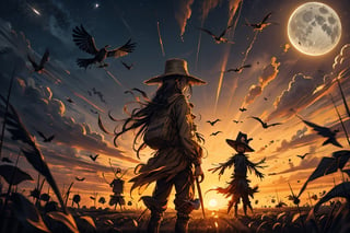 masterpiece, best quality, ultra-detailed, 8K,  High detailed, Farm, field , ((scarecrows)), crows, moon