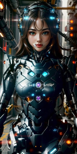 bionic robot Olivia, (mid body photo), beautiful lady AND cyberpunk robot, hyperdetailed face, shallow depth of field photography, cute smile, z1l4