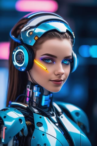 bionic robot Olivia, sexy 18 year old girl AND cyberpunk robot body, hyperdetailed face, shallow depth of field photography, cute smile, fantasy