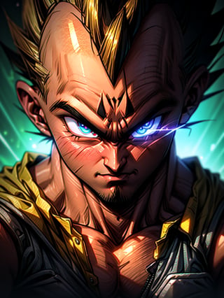 A close-up of Super Saiyan Vegeta's face, illuminated by a robotic, liquid-glowing aura, with a cinematic light and a neon background, surrounded by an ultra army.,miami darryl