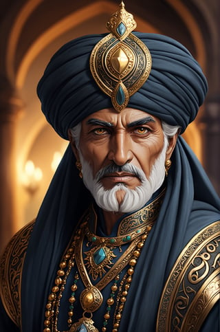 cartoon, the medieval Arabian Elder warrior, adorns himself in a sumptuous Arabian knight's attire,((Cowboy shot)), Lots of ornaments, A regal turban graces his head, His attire is bedecked with an array of opulent metals, accentuating his imposing presence. The judicious use of black eyeshadow enhances his eyes, complementing a determined expression. This ensemble not only reflects Saladin's historical heroism but does so with a luxurious and dignified flair