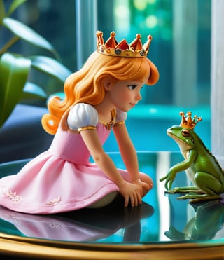 a frog wearing a golden crown sits on a glass table with a tiny  girl Thumbelina sits next to the frog