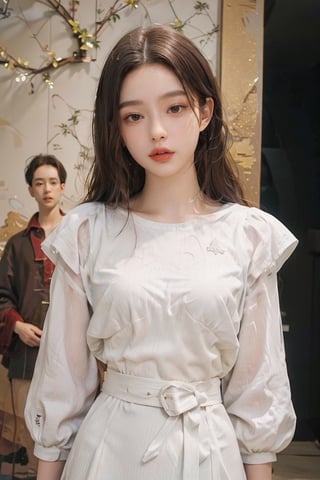 Top Quality, 8k, 32k, Masterpiece, UHD:1.2), Photograph: 1.37, Photograph: Top Quality, Biography, Uhd, 1girl, Long Hair, Hair, Glitter, Brown Hair, Temptive, White Dress, [massy-half-ponytail|bobcut] middle_parting_hair style, looking at the viewer, distance, complicated detailed background, detailed skin, pores, high-res, hdr, looking at the viewer, from the front, full body focus, distance snap, depth, detailed detail, anatomically accurate (Picture: 1.3), (Top body in waist frame: 1.2), Renaissance background, natural light, golden_rain, Kodak Vision3 IMAX, Fujicolor_Pro_Film