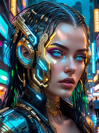 amazing cyberpunk girl ((detailed face with maximum details)), ((golden ear hoops)) ((blue eyes)) in a futurist city ​​at night (hair long) (hair  green) ((raining)) neon ligth 