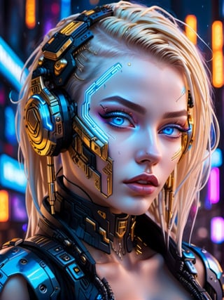 amazing cyberpunk girl ((detailed face with maximum details)), ((golden ear hoops)) ((blue eyes)) in a futurist city ​​at night (hair long) (hair  blondie) ((raining)) neon ligth 