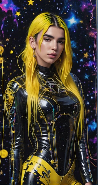 a detailed full body photo of a female cyborg ((dua lipa)) ((star-shaped tendrils)) ((long yellow hair)) ((with a black metal)) side in front of the window with cosmic stars on it and a colorful cosmic background, paint dripping, DonMCyb3rN3cr0XL, cyborg style,cyborg style