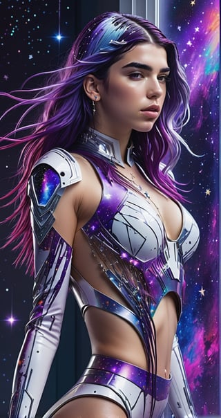 a detailed full body photo of a female cyborg ((dua lipa)) ((star-shaped tendrils)) ((long purple hair)) ((with a white metal)) side in front of the window with cosmic stars on it and a colorful cosmic background, paint dripping, DonMCyb3rN3cr0XL, cyborg style,cyborg style