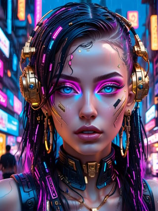 amazing cyberpunk girl ((detailed face with maximum details)), ((golden ear hoops)) ((blue eyes)) in a futurist city ​​at night (hair long) (hair  fuchsia) ((raining)) neon ligth 