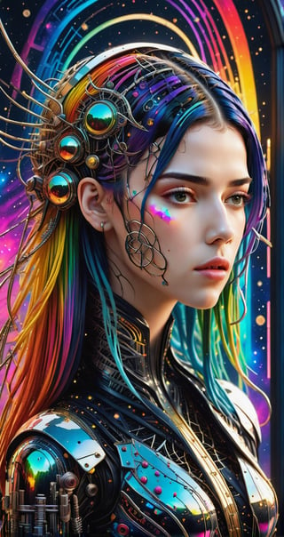 a detailed full body photo of a female cyborg ((dua lipa)) ((star-shaped tendrils)) ((long rainbow hair)) ((with a black metal)) side in front of the window with cosmic stars on it and a colorful cosmic background, paint dripping, DonMCyb3rN3cr0XL, cyborg style,cyborg style