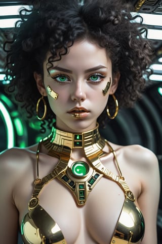 Nude Girl in Gold Jewelry, Highly Detailed Face and Skin Texture, ((white skin)) Big Green Eyes, Thin Face, Juicy Lips, Bimbo Lips, Big Puffy Chest, Pectorals ((Curly Afro Black Hair)), Pale skin , detailed eyes, 双眼皮, cyberpunk gold metal jewelry BDSM, Cyberpunk gold metal ribbons on Body, metal necklace,
futuristic gold metal tiny Panties t-strings, Tiny metal panties, Metal S Metal cupless bra, metal clothing, gold body jewelry, damp skin, she is naked. white skin, she is on the futuristic cyberpunk white and Black room in the spacecraft. Nose ring.