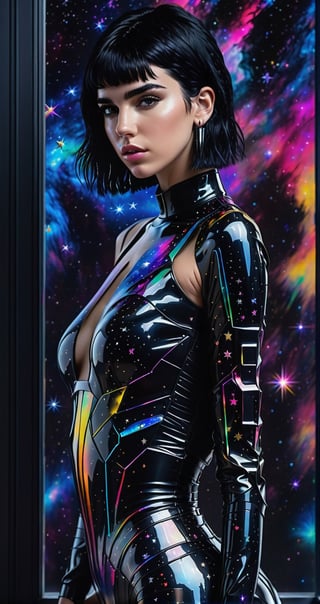 a detailed full body photo of a female cyborg ((dua lipa))  ((sexy)) ((short black hair)) ((with a black metal)) side in front of the window with cosmic stars on it and a colorful cosmic background, paint dripping, DonMCyb3rN3cr0XL, cyborg style,cyborg style