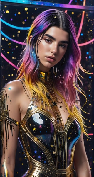 a detailed full body photo of a female cyborg ((dua lipa)) ((star-shaped tendrils)) ((long gold hair)) ((with a black metal)) side in front of the window with cosmic stars on it and a colorful cosmic background, paint dripping, DonMCyb3rN3cr0XL, cyborg style,cyborg style