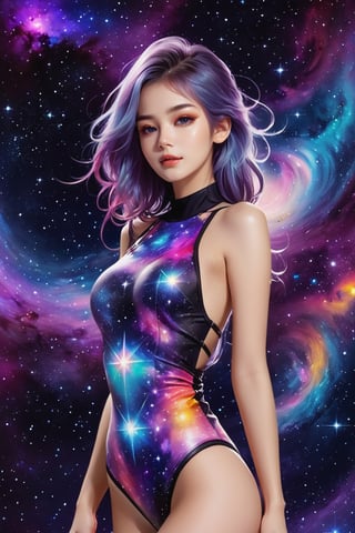 a detailed photo of a pretty girl full body (sexy) with cosmic stars in her and colorfull cosmic back ground,Monster,pturbo,aw0k euphoric style,LinkGirl