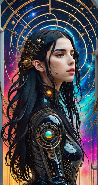 a detailed full body photo of a female cyborg ((dua lipa)) ((star-shaped tendrils)) ((long black hair)) ((with a black metal)) side in front of the window with cosmic stars on it and a colorful cosmic background, paint dripping, DonMCyb3rN3cr0XL, cyborg style,cyborg style