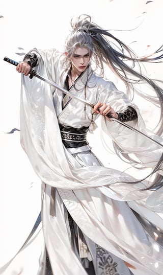 WHITE_HAIRED_MALE_WARRIOR_HOLDING_SWORD, best quality, masterpiece, beautiful and aesthetic, 16K, (HDR:1.4), high contrast, (vibrant color:0.5), (muted colors, dim colors, soothing tones:1.3), Exquisite details and textures, cinematic shot, Cold tone, (Dark and intense:1.2), wide shot, ultra realistic illustration, siena natural ratio, Art by Luis Royo and Gustave Moreau, (MARTIAL ART POSE:1.4)
(extreamly delicate and beautiful:1.2), 8K, (tmasterpiece, best:1.2), (LONG_WHITE_HAIR_MALE:1.5), (PERFECT SYMMETRICAL BLUE EYES:1.3), a long_haired masculine male, cool and determined, evil_gaze, (wears black and white hanfu:1.2), (holding sword figthing_attacking pose:1.5) and intricate detailing, finely eye and detailed face, Perfect eyes, Equal eyes, Fantastic lights and shadows、finely detail,Depth of field,,cumulus,wind,insanely NIGHT SKY,very long hair,Slightly open mouth, long SILVER-WHITE hair,slender waist,,Depth of field, angle ,contour deepening,cinematic angle ,Enhance