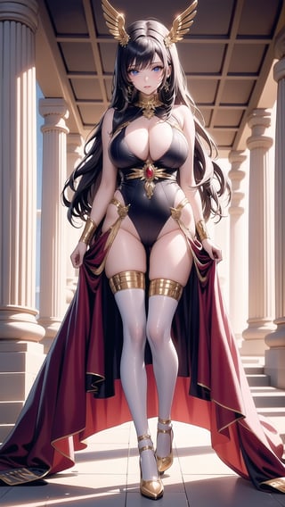  1woman, egyptian woman, Pretty Missy, small breasts, Small tits,  Long Curly Hair, Blue Eyes, Long Heeled, (gold stockings), Jewelry and Jewel, Floating Silk Ribbon, Masterpiece, High Detail, Bulky Lighting, egyptian temple, silk costume,