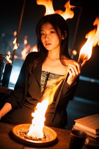 1 girl,{{Floating Fire Magic Spell and a burst of flam}},book,looking at viewer,close-up, cowboy shot,cinematic lighting, volume lighting, light particlestachie,dynamic angle ,ray tracing,, best quality, amazing quality, very aesthetic, absurdres