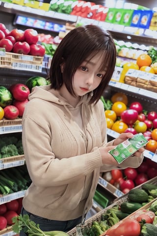 mikas, A medium-shot of a woman standing in front of a grocery store produce section, framed by rows of colorful fruits and vegetables. Soft natural light spills through the windows, highlighting the subtle details on her face as she carefully inspects each vegetable, her hands cradling the selection with gentle precision. The store's background is blurred, focusing attention on her thoughtful pose.