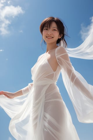 shiho, upper body, portrait
(transparent), see-through, random color gown
Ethereal and diaphanous, the gossamer fabric of the celestial maiden's gown cascades down her form,  The soft, billowing sleeves billow in the wind, creating an illusion of weightlessness and grace.
smile for caera,
various angle, random angle, dynamic posing
naked