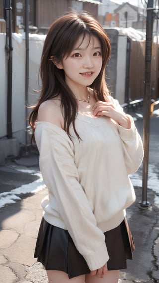 shiho, Beautiful and delicate light, (beautiful and delicate eyes), pale skin, big smile, (brown eyes), (black long hair), dreamy, medium chest, woman 1, (front shot), Korean girl, bangs, soft expression, height 170, elegance, bright smile, 8k art photo, realistic concept art, realistic, portrait, necklace, small earrings, handbag, fantasy, jewelry, shyness, skirt, winter down parka, scarf, snowy street, footprints,shiho