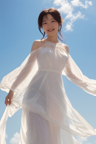 shiho, upper body, portrait
(transparent), see-through, random color gown
Ethereal and diaphanous, the gossamer fabric of the celestial maiden's gown cascades down her form,  The soft, billowing sleeves billow in the wind, creating an illusion of weightlessness and grace.
smile for caera,
various angle, random angle, dynamic posing
naked